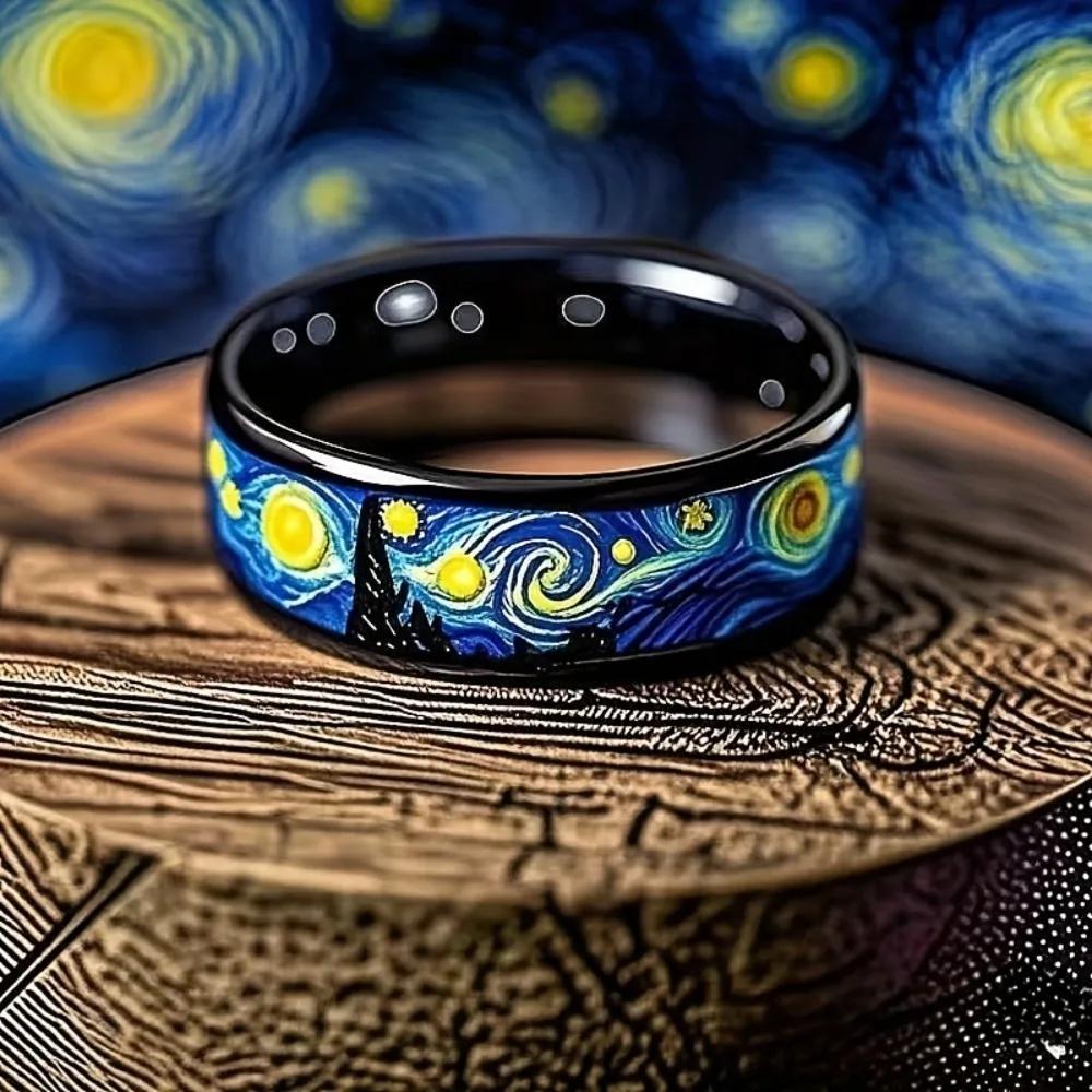 Unique Starry Night Pattern Men's Black Ring Personality Women Wedding Band Jewelry Unisex Party Accessories Wholesale