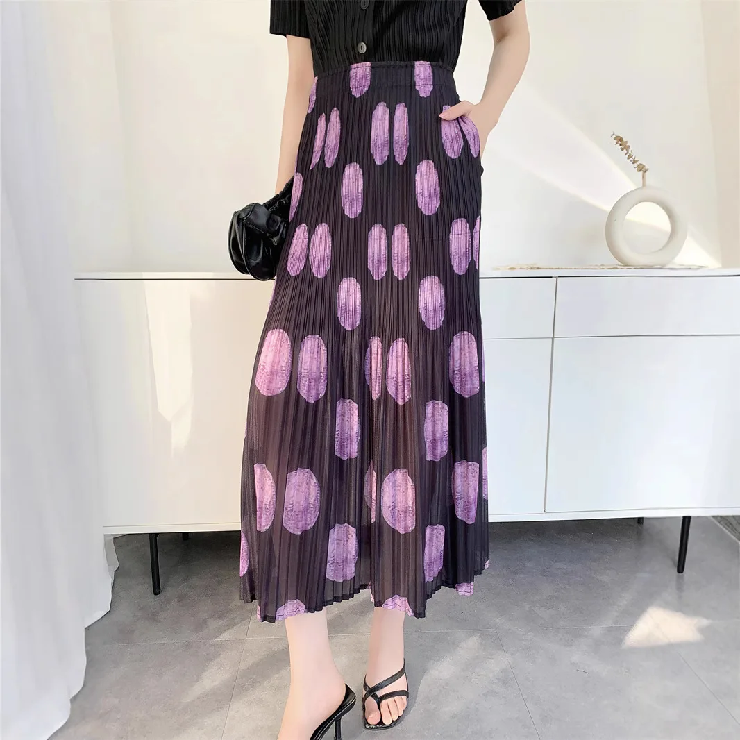 Miyake Plissierter, gepunkteter Halbrock, 2023, Sommer, neu, bedruckt, hohe Taille, dünn, elastische Taille, drapierter Faltenrock
