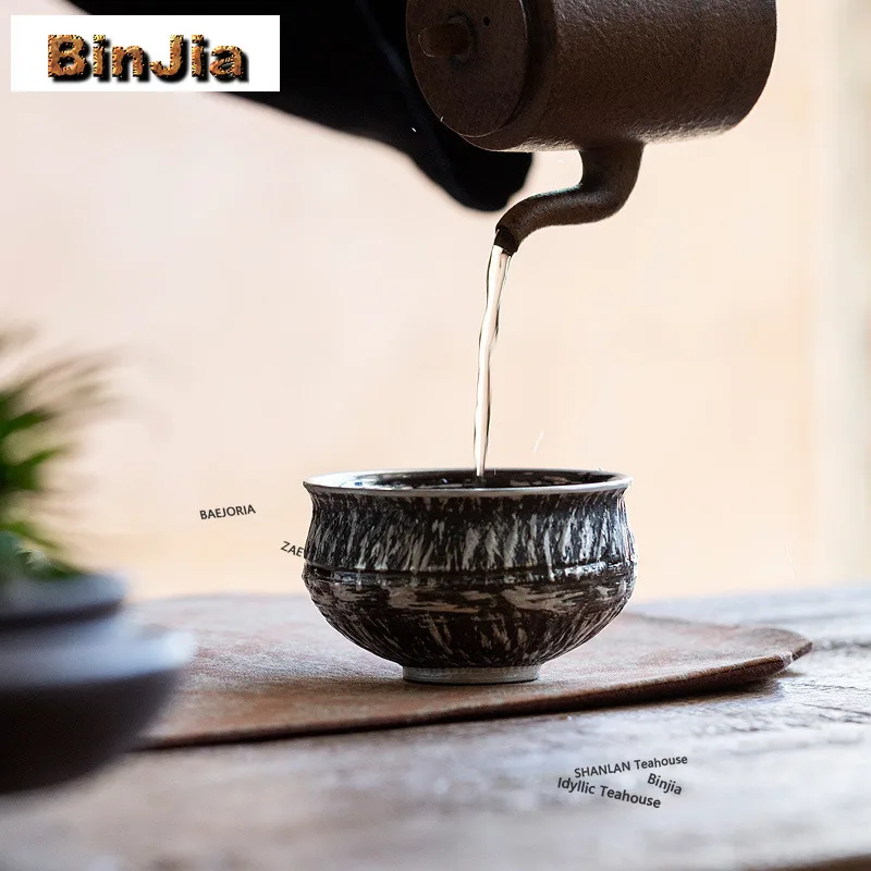 BAEJORIA 120ML Gilt Silver Balck Pottery Teacup Ancient Tea Bowl Tea Pair Tea-tasting Personal Cup Jianzhan Master Cups Craft