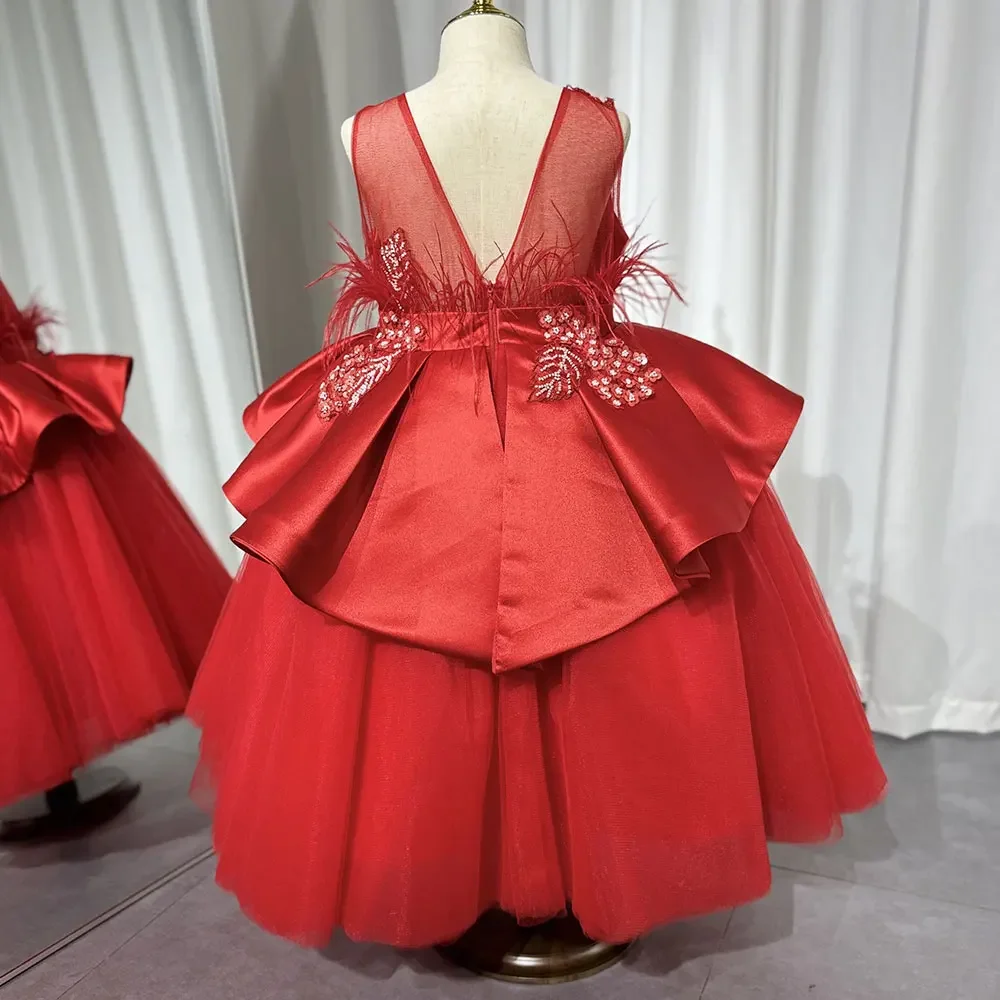 White Ball Gown For Girl Dress  Kid Wedding Birthday Elegant Appliques Beading Red First Communion Party 2025