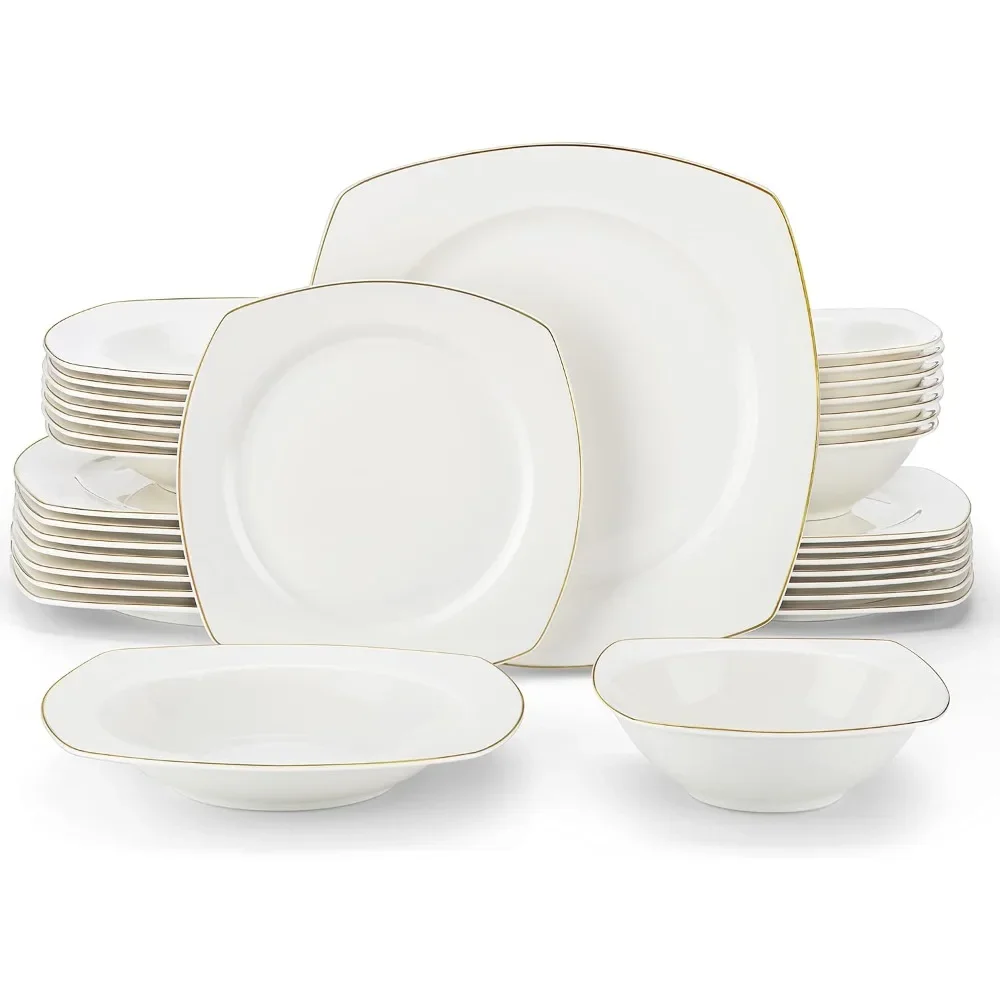 Square Tableware Set, 32 Piece Set of Gold Edged Bone China Tableware Set, Soup Plate and Cereal Bowl, 8-person Tableware Set