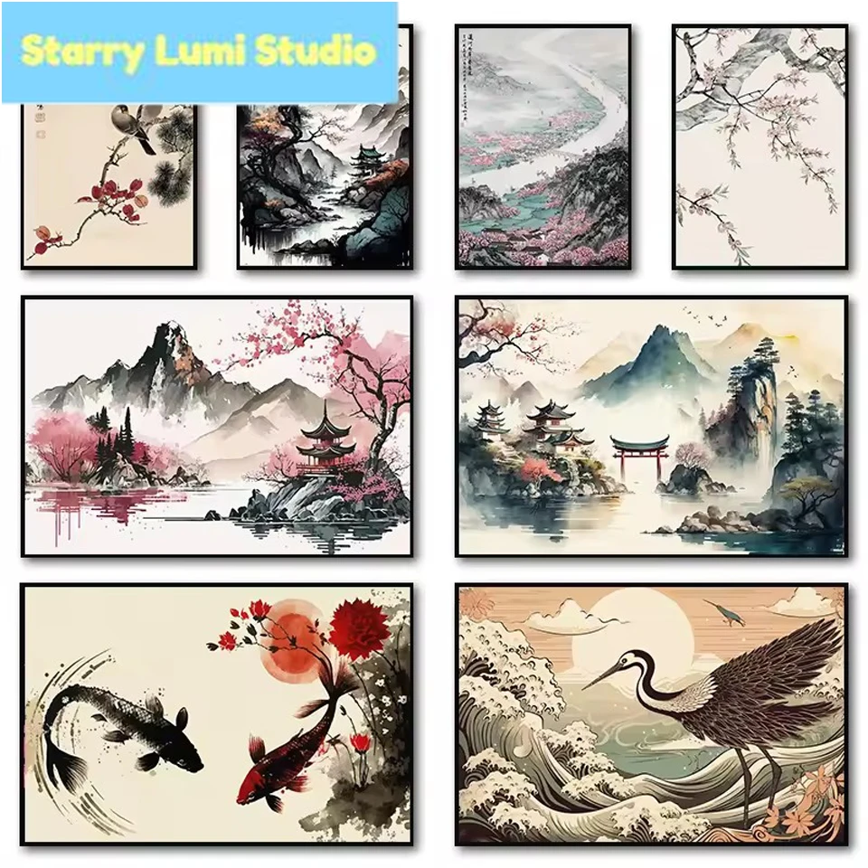 Japanese Landscape Diamond Embroidery 5D DIY Koi Fish Bird Painting New Arrival Rhinestones Picture Mosaic Cross Stitch Handmade