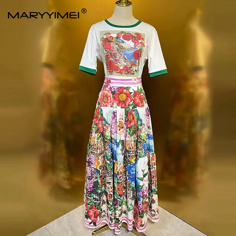 MARYYIMEI Fashion Design Women's Suit Summer Short-Sleeved Tops+Pleated Skirt Casual Holiday Print Cotton Two piece set