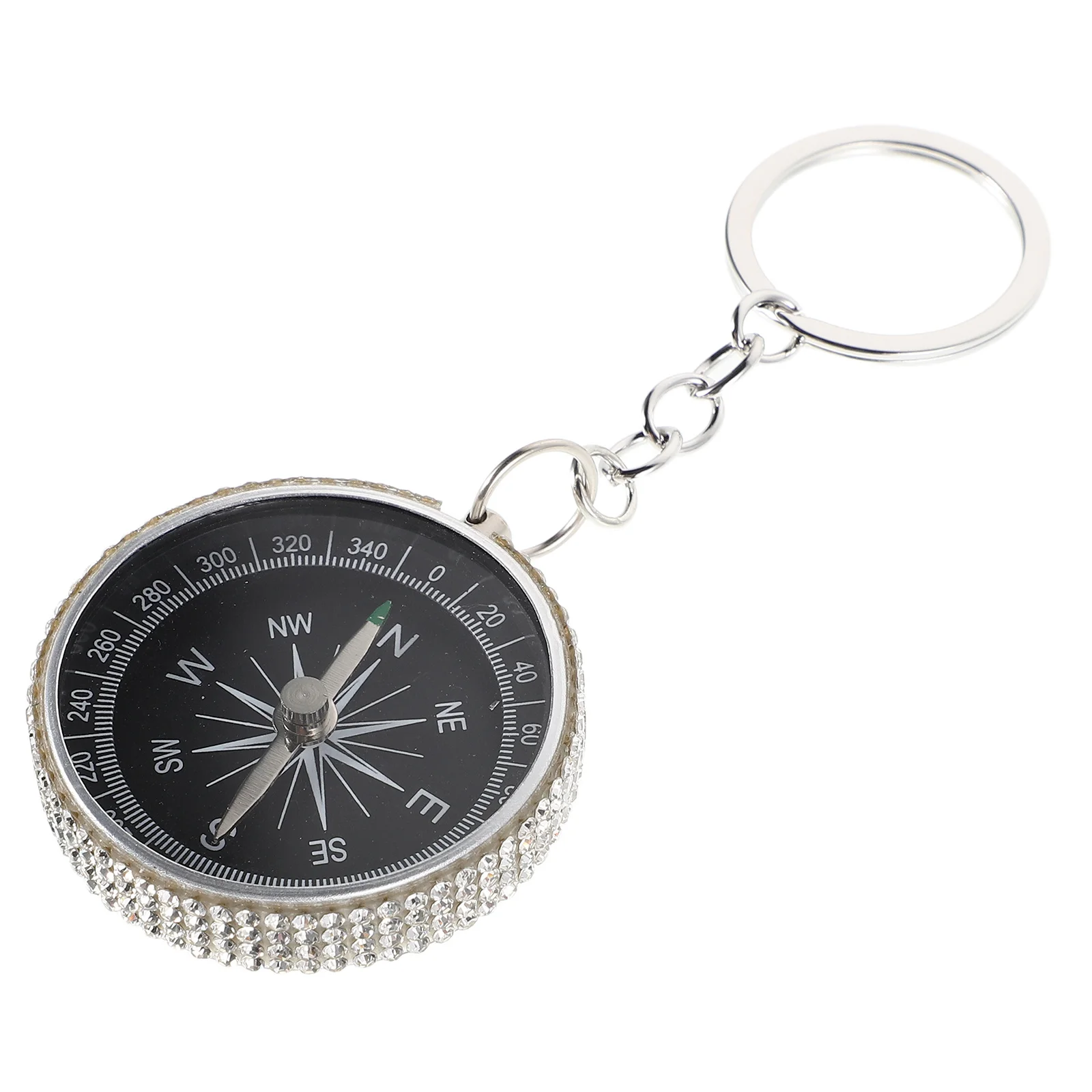 

Mini Aluminum Alloy Compass Keychain Sparkling Rhinestones Outdoor Pocket Compass for Hiking Camping Survival