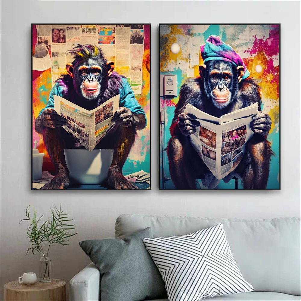 

Graffiti Art Poster Monkey Sitting on the Toilet Print Funny Bathroom Wall Decor Oil Painting Pop Street Prints Canvas Painting