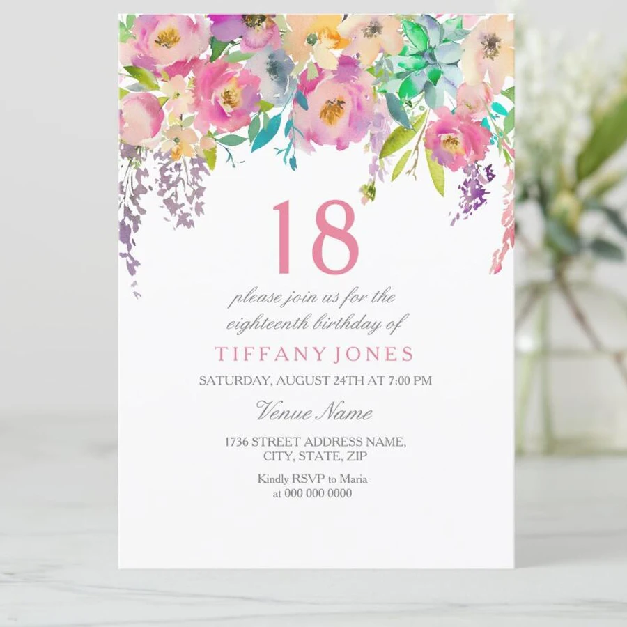 5/20/100pcs 18th birthday invitations, Watercolor Blue Floral birthday invitations 18, Sunflower Birthday Invitation