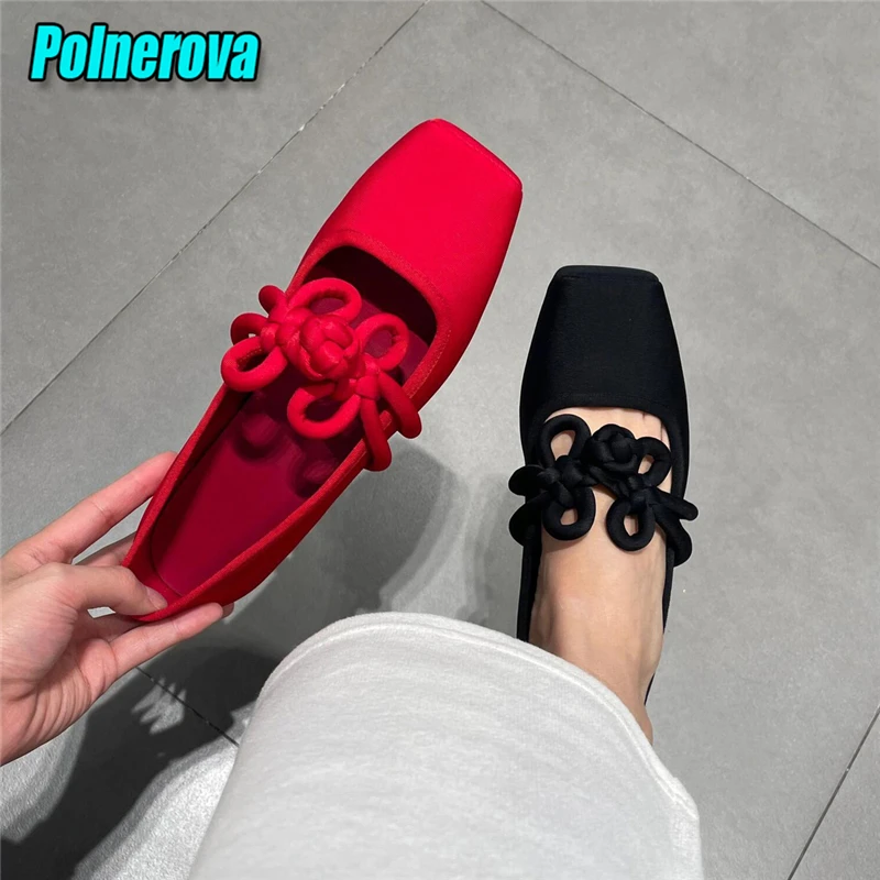 Chinese Knot Ballet Flats for Women Black Red Satin Square Toe Pumps Loafers Summer New Soft Sole Comfortable Casual Shoes