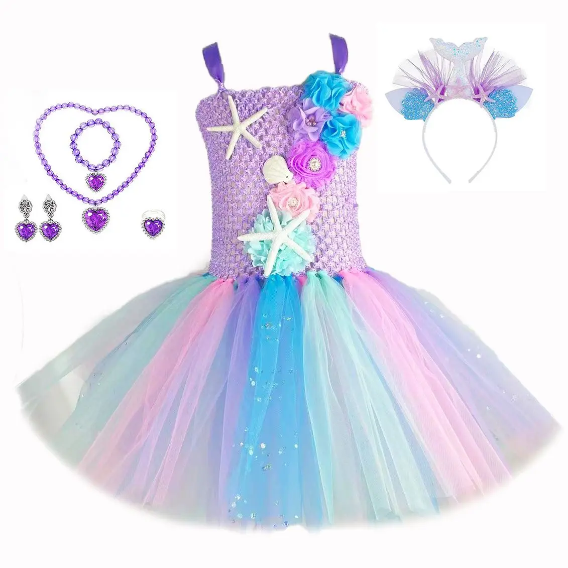 Girls Mermaid Princess Tutu Dress Starfish Sea Theme Birthday Halloween Party Carnival Costumes Kids Glitter Flower Dress 1-12Y image 5