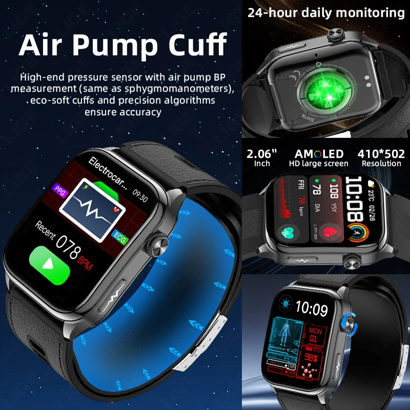 Airbag Air Pump Smart Watch Men Blood Pressure Micro-physical Examination ECG Uric Acid Blood Lipid Waterproof Smartwatch 2026