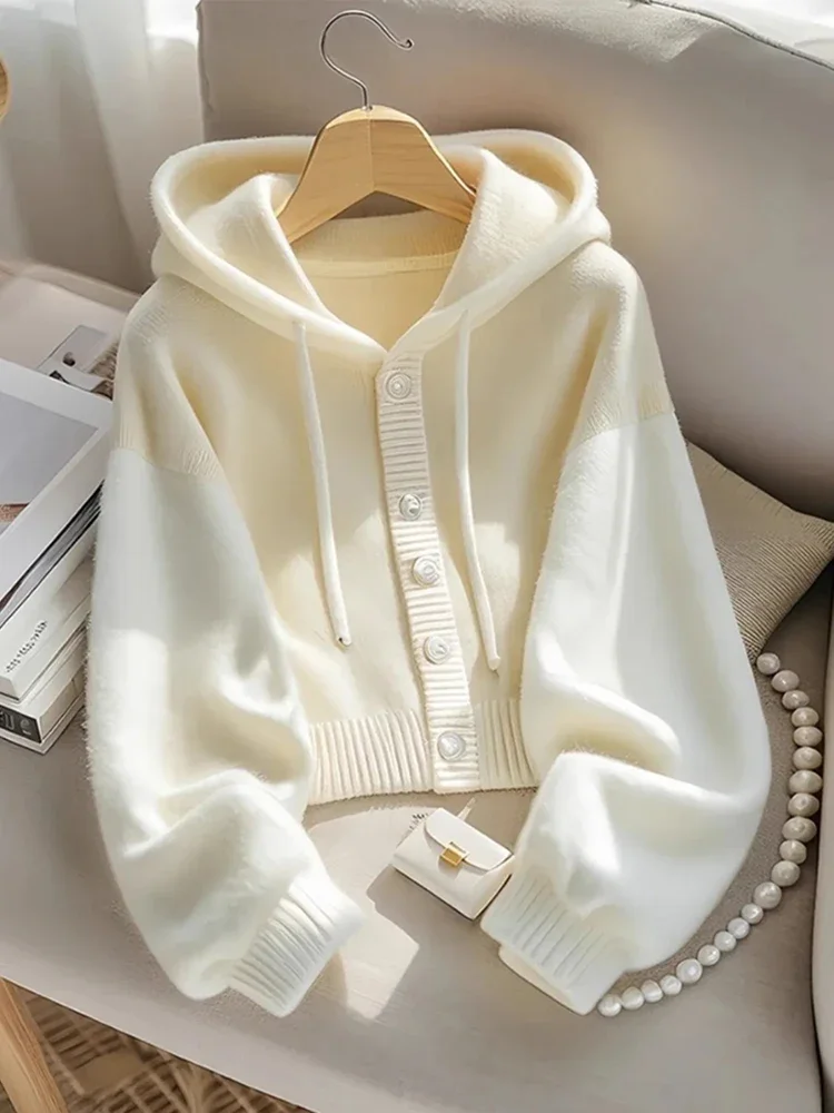 

Casual Japan Hooded Cardigan Sweaters Women Lazy Wind Patchwork Knitted Coat Vintage Sweet Long Sleeve High Quality Tops