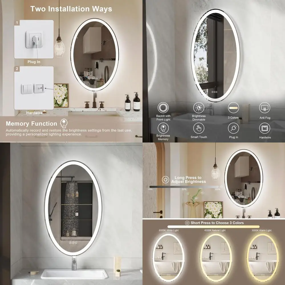 

36x28 Oval LED-Illuminated Bathroom Mirror with Anti-Fog, 3 Color Options, Wall-Mounted Dimmable Vanity Mirror
