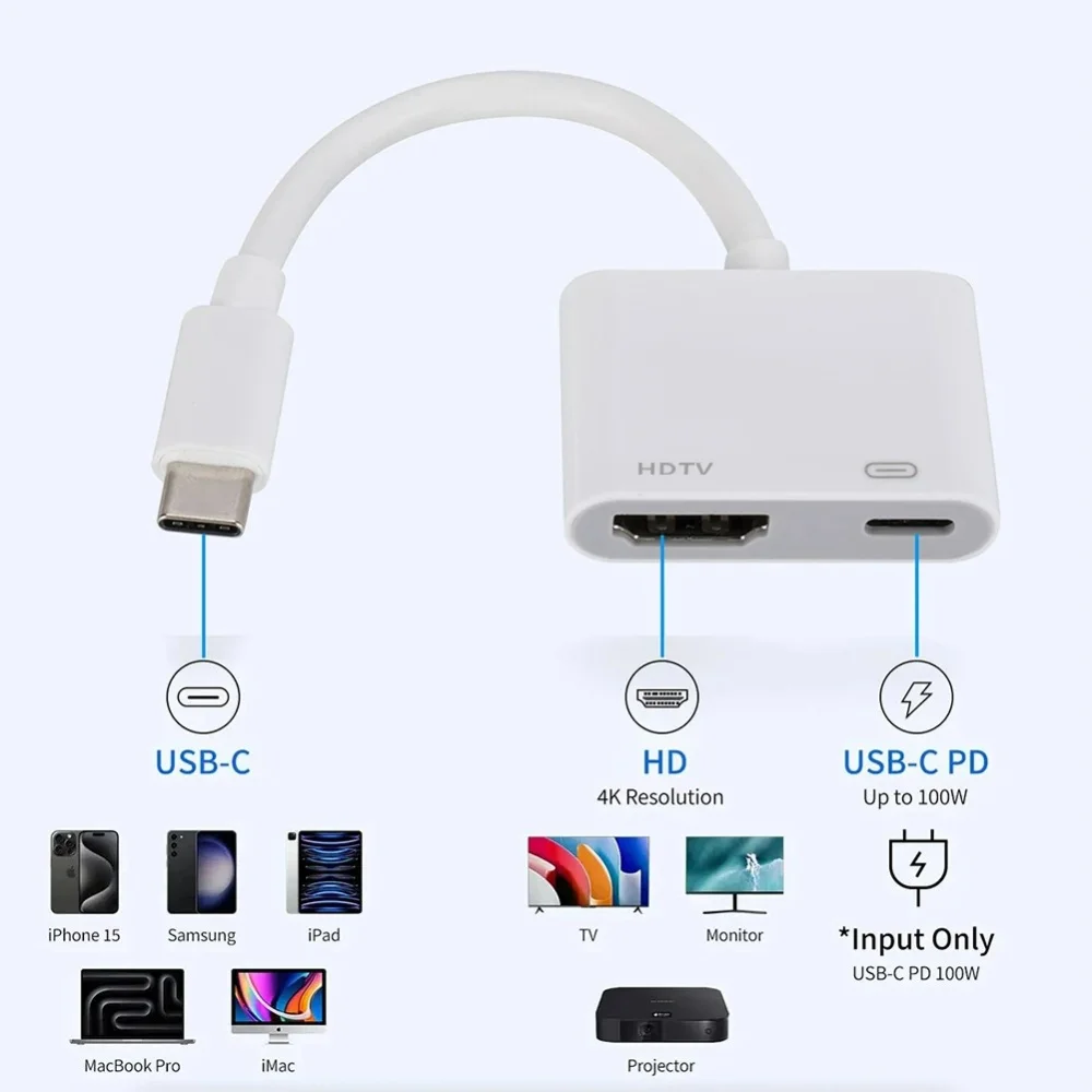 4K Video Audio Converter 60Hz 30Hz, USB Type-C to HDTV+USB-C Digital AV Adapter, for iPhone to HD TV Projector Monitors