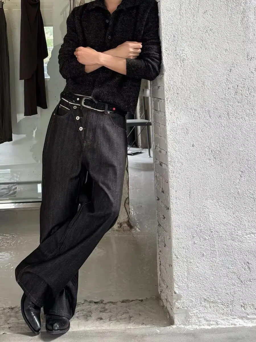 Men's Diagonal Buckle Design Retro Jeans Street Fashion Straight Denim Trousers Boys Sweatpants Male Y2k Casual Wide Leg Pants