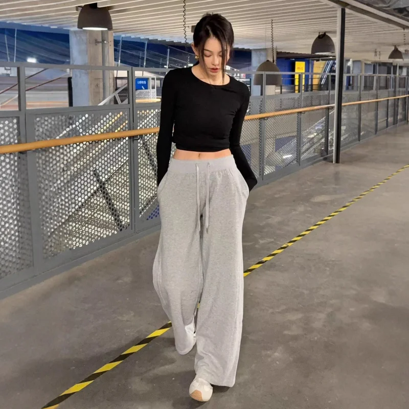 Women Drawstring Wide Leg Sweatpants High Waist Straight Fit Soft Draped Yoga Fitness Trousers Minimal Athletic Lounge Pants