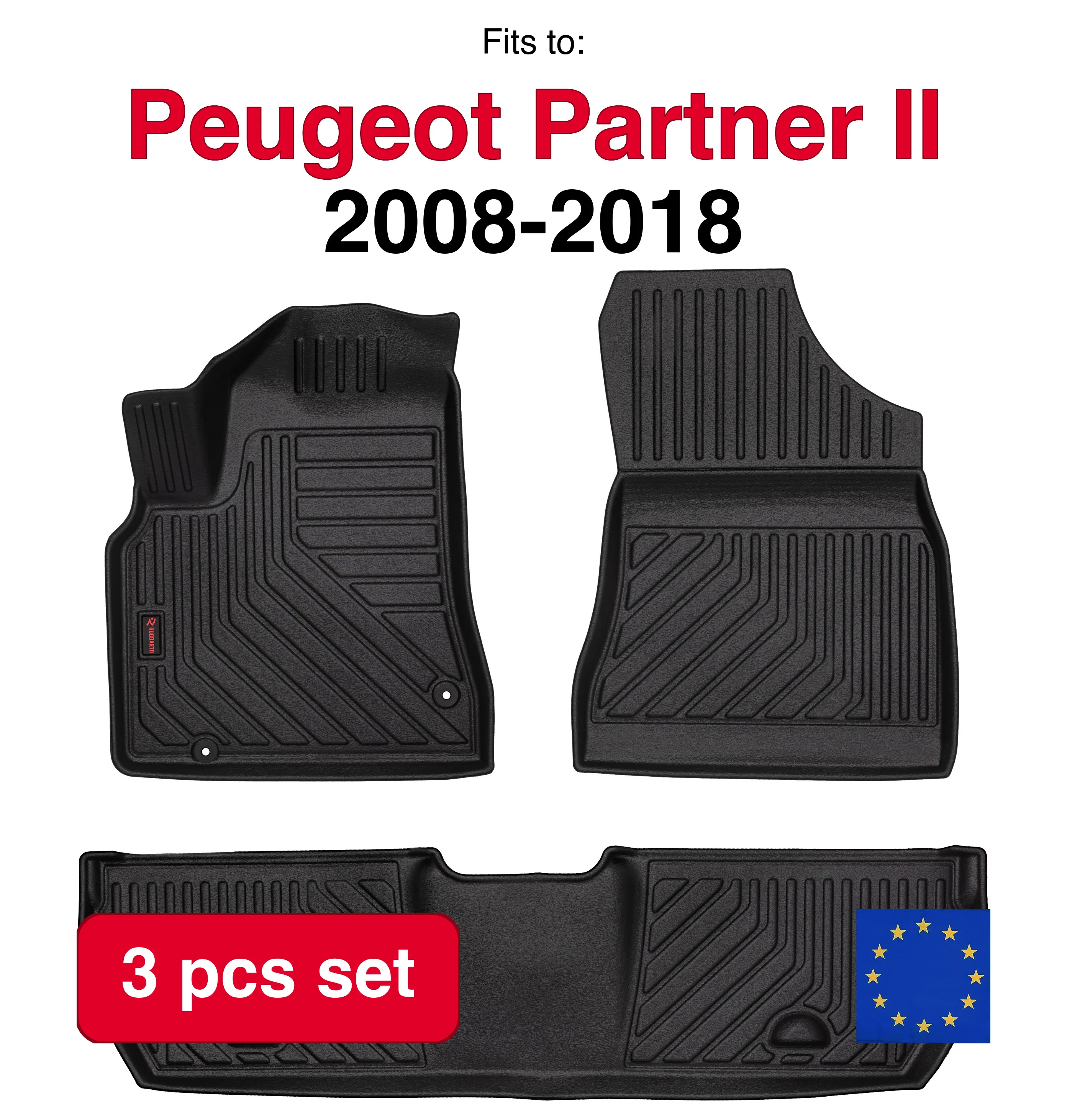 Image of 3D-Gummi-Autoteppiche für Peugeot Partner II Kombivan, Tepee 5-Sitzer (2008–2018) – Schwarz abgestimmt (3 Stück)
