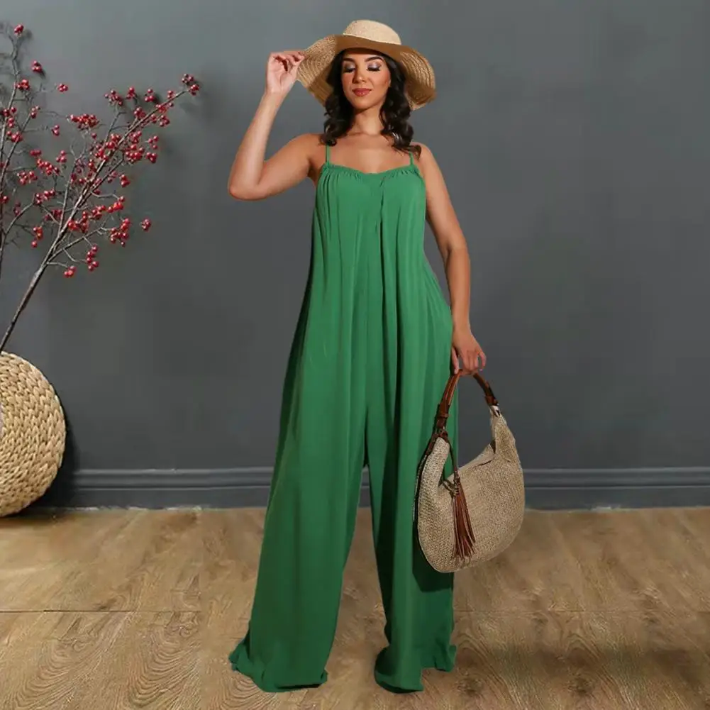 Wide-leg Jumpsuit Elegant Backless Wide Leg Jumpsuit for Women Spaghetti Strap Pleated Crotch Solid Color Full Length Vacation