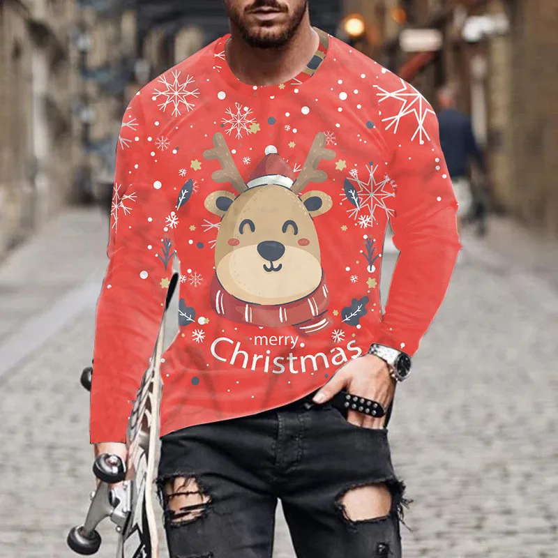 Autumn Winter Christmas Style Men\'s Long Sleeve T-Shirts Snowflake And Deer 3D Print Male Red Tees Festival Casual Big Size Tops