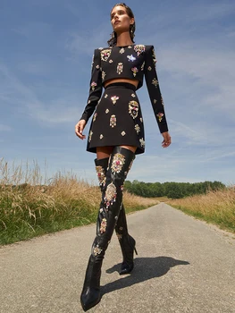 HIGH STREET Il più nuovo 2024 Designer Runway Suit Set O-Collo da donna Zip posteriore Top corto Minigonna Set 2 pezzi