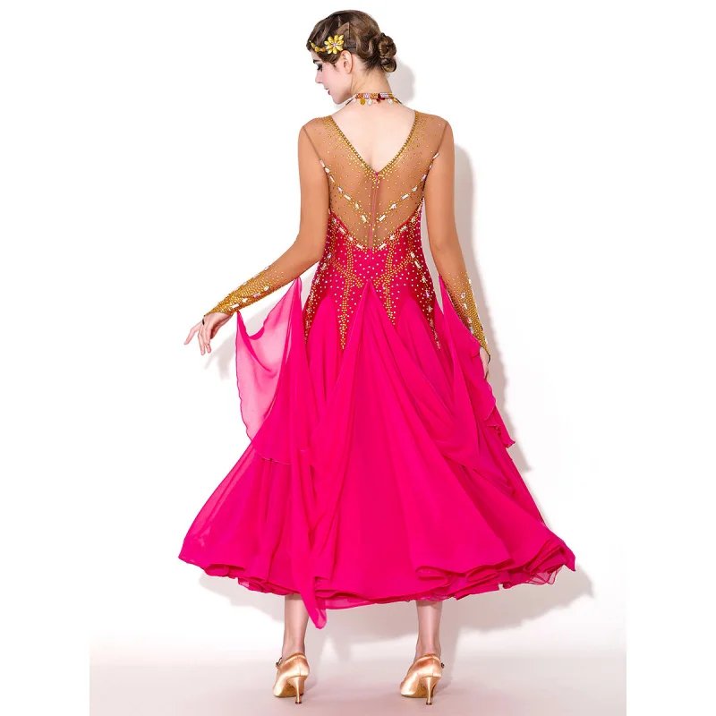 زي الرقص الحديث ذو المستوى العالي MY927 فستان الفالس ذو المعايير الدولية باللون الأحمر الوردي