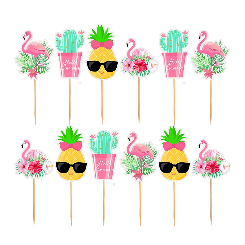 Hawaiian Cupcake Toppers Flamingo Pineapple Happy Birthday cake Topper Tropical Summer Beach Birthday Party Cake Decoration