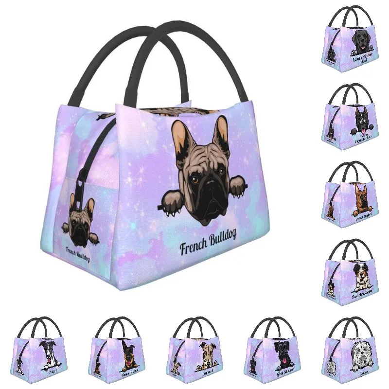 

Peeking Dog French Bulldog Insulated Lunch Bag for Women Portable Thermal Cooler Lunch Box Beach Camping Travel