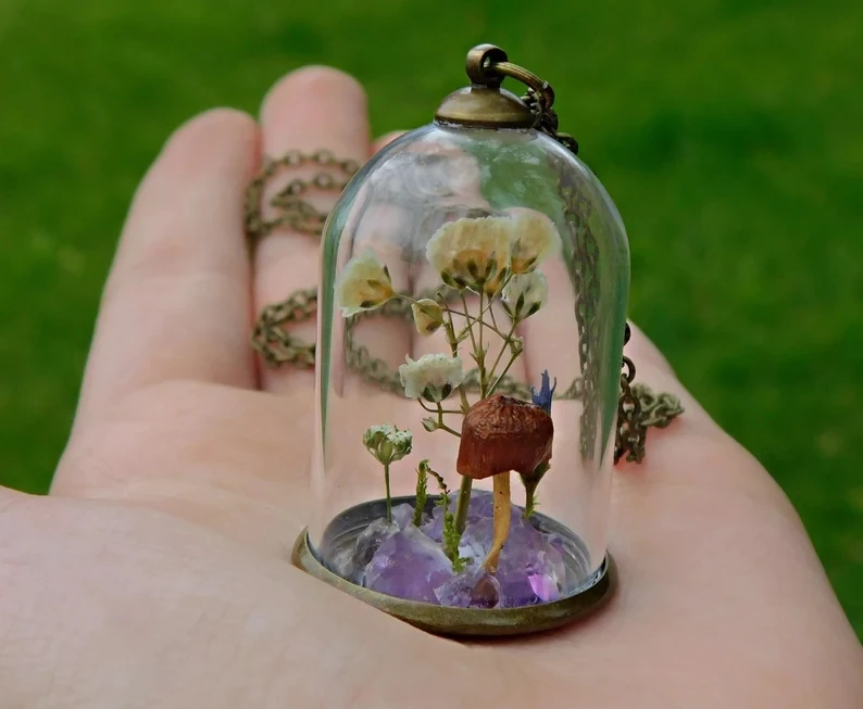 Glass terrarium mushroom necklace rawamethyst wildflowers elven jewelry elvish cottagecore pendant fairycore plant lovers gift