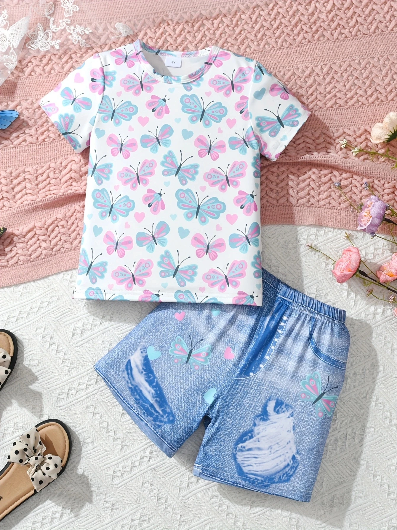 Girls Butterfly Full Print Short Sleeve Top +Imitation Denim Print Shorts Casual Set - Casual Summer Outfit for Play & Comfort