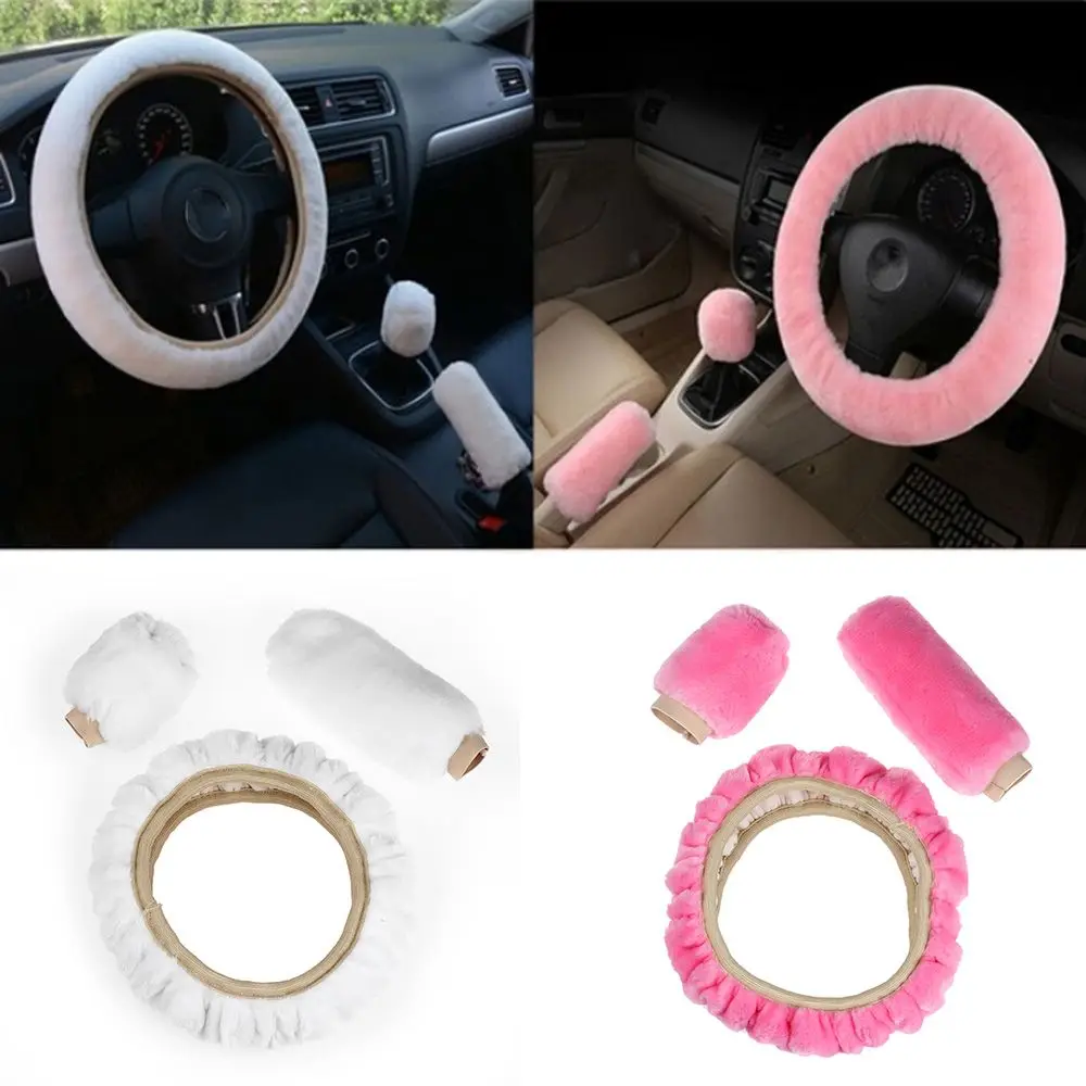3Pcs/Set Fashion Warm Fur Automotive Interior Long Plush Steering Wheel Cover Car Soft Wool  Woolen Handbrake Case