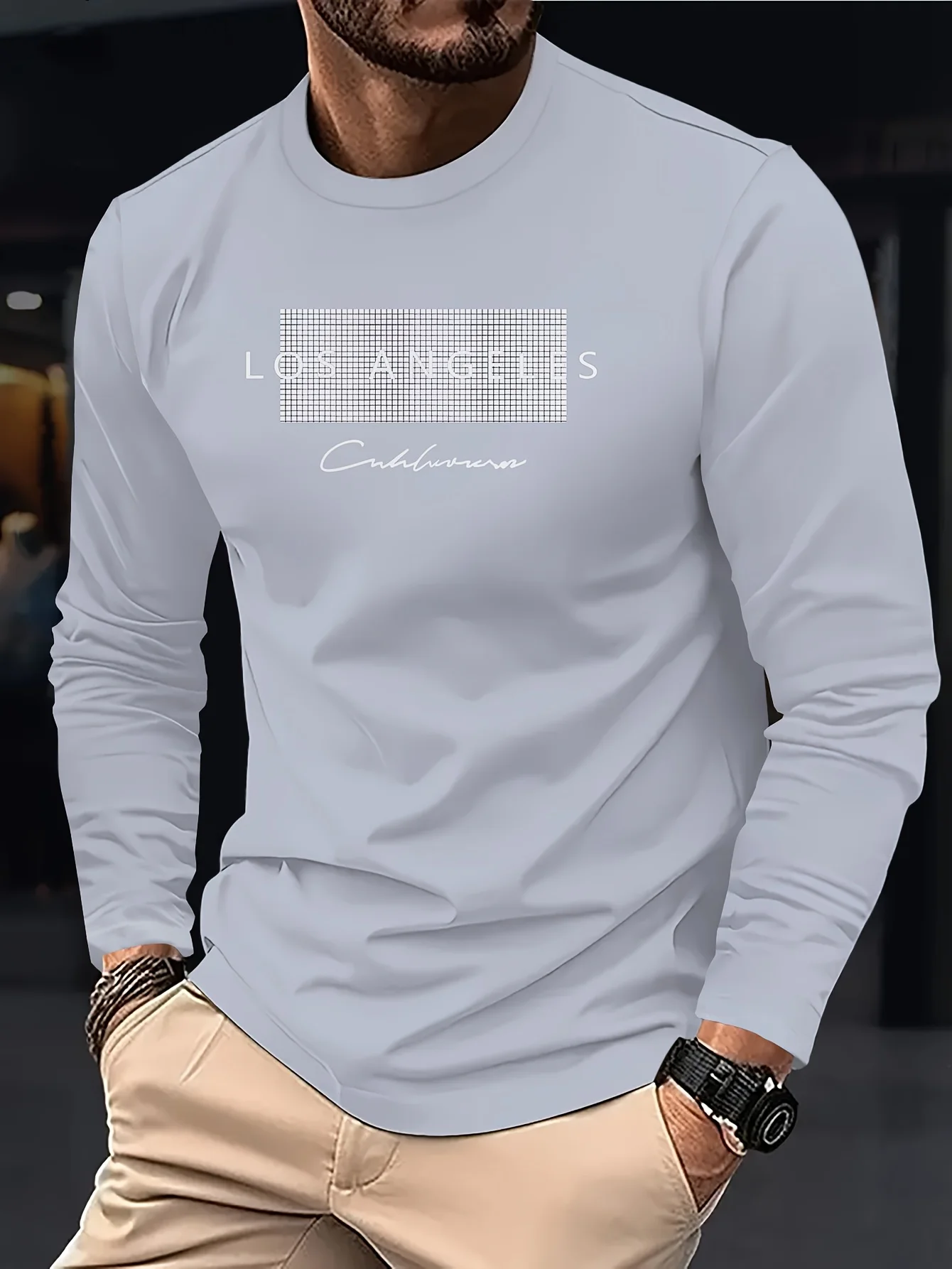 

Men's Daily Versatile Casual Long Sleeved T-shirt With Printed Round Neck For Warmth And Casual Wear In Autumn And Winter