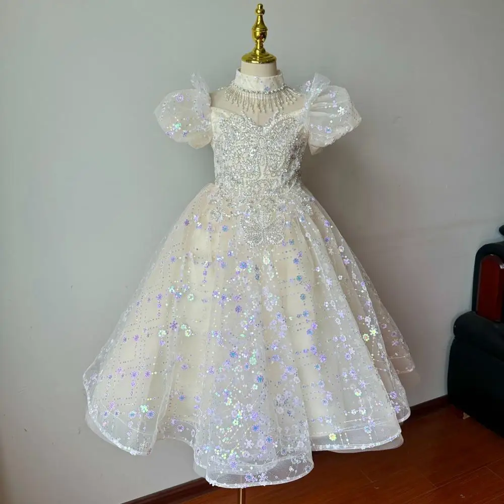 

2024 Boutique Bubble Sleeves Children Princess Dress Girls Sequin Fashion Dresses Luxury Ball Gown for Kids Girl Wedding Costume