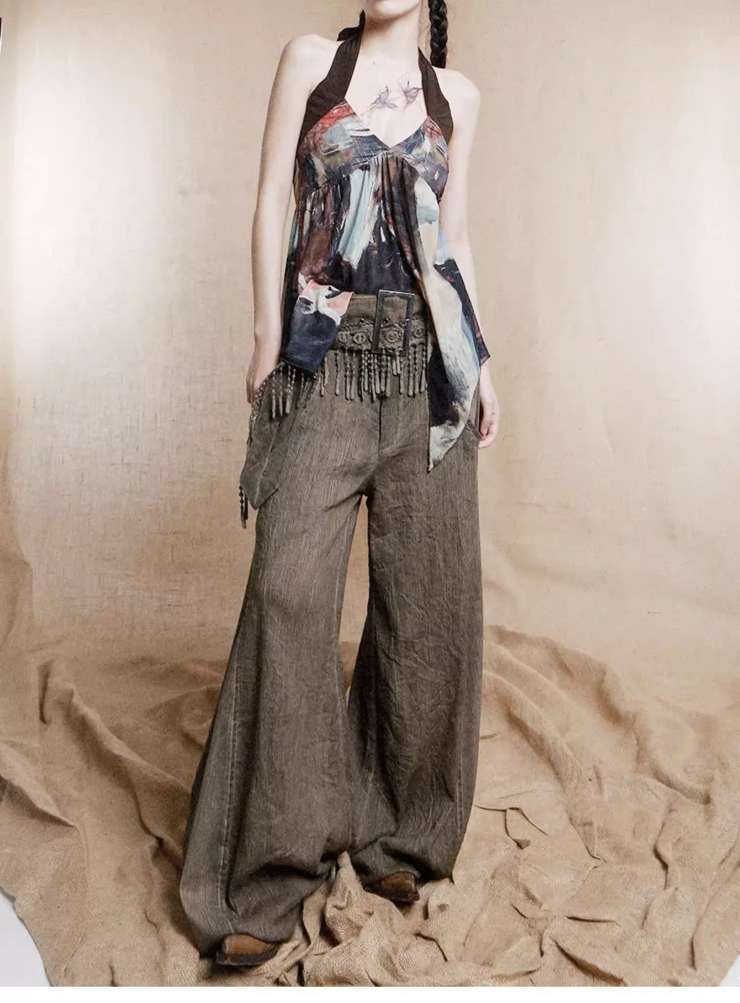 Spring Summer Retro Wasteland Style Lace Tassel Belt Linen Loose Wide-leg Lantern Trousers Personality Girl Fashion Street Pants