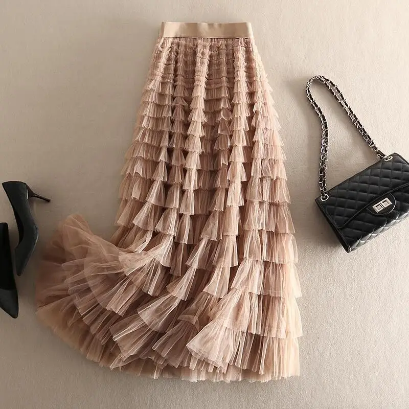 Summer Women's Long Cake Skirt High Waist Me Splicing Slimming Midi Skirt Korean Sle Wave Pattern  Color