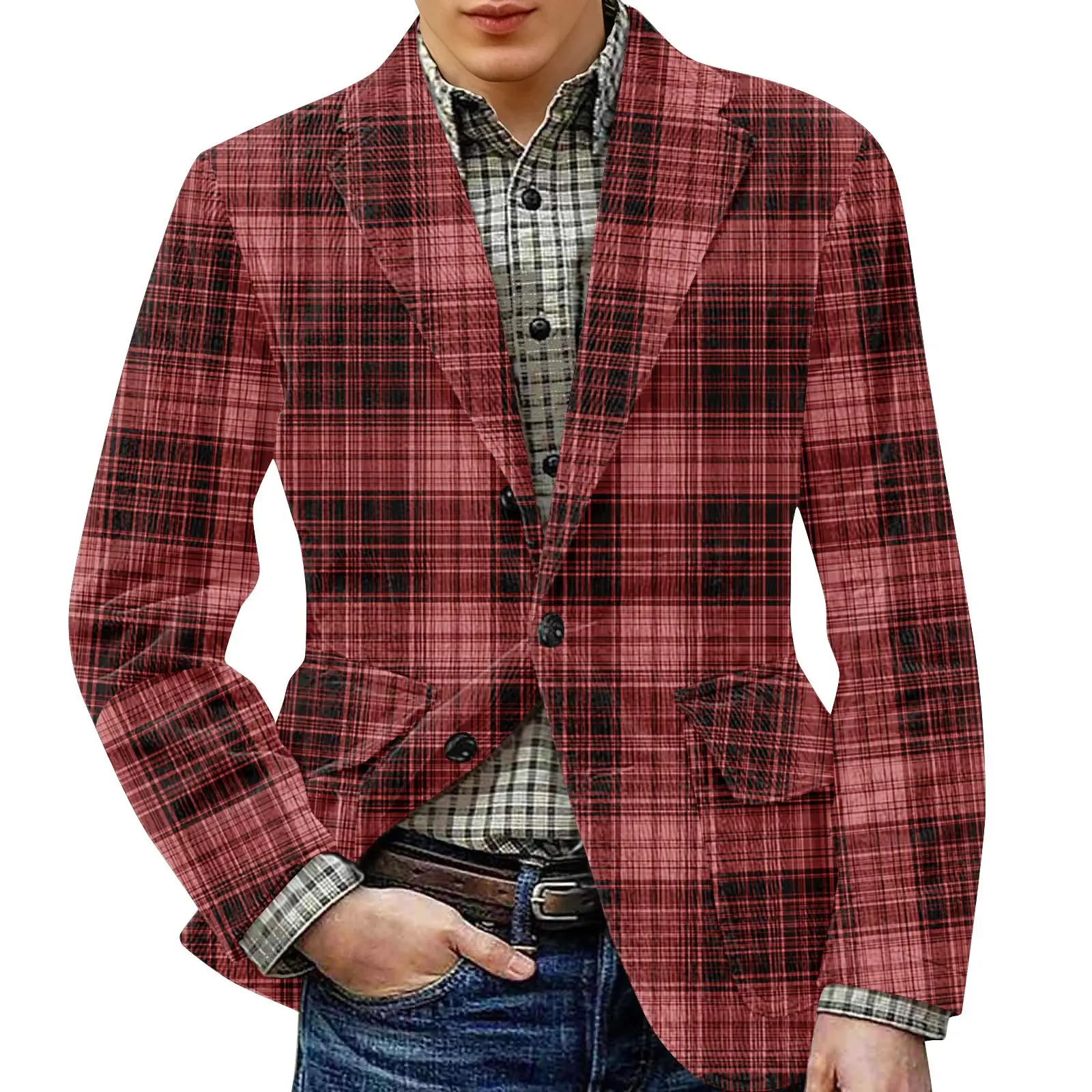 

Red Black Plaid Print Blazer Men Corduroy Casual Jacket Fashionable Men's Apparel Trendy Look Stylish Leisure Blazer