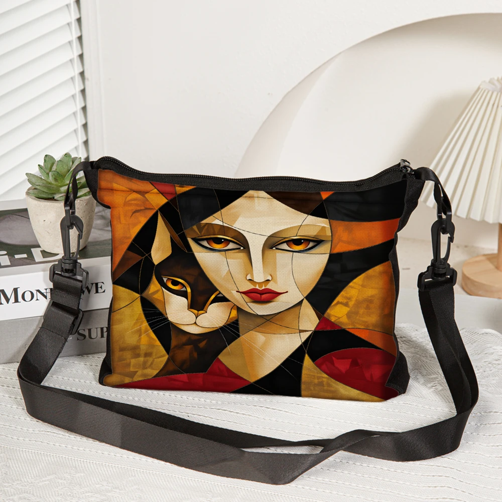 1pc Women Artistic Cat And Woman Face Print Crossbody Bag Multicolor Abstract Design Shoulder Bags For Daily Use Travel Shopping