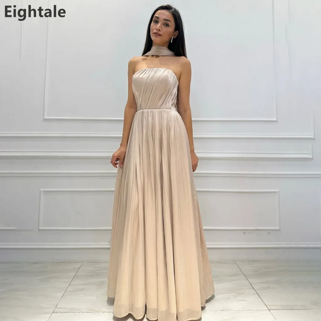 

Eightale 2025 Champagne Silk Maxi Strapless Evening Dress With Wrap Formal Prom Dress Dubai Wedding Party Gown Customized