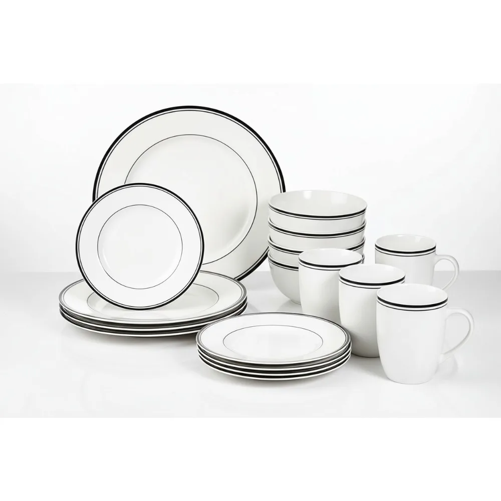 

16-Piece Black Stripe Dinnerware Set, Plates Bowls Mugs for 4, Elegant Kitchen Dining