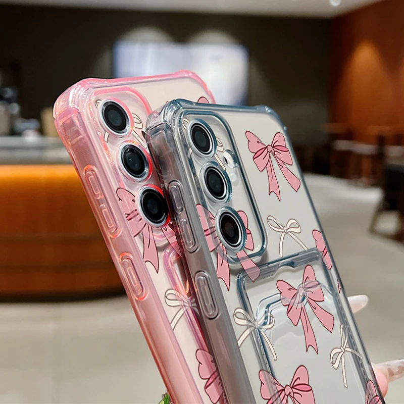 حافظة جيب للبطاقات لهاتف سامسونج جالاكسي S25 Edge S24 Ultra Plus S23 S24 FE S22 A56 A55 A36 A26 A16 5G A35 A25 A15 ربطة القوس فيونكة غطاء من البولي يوريثان