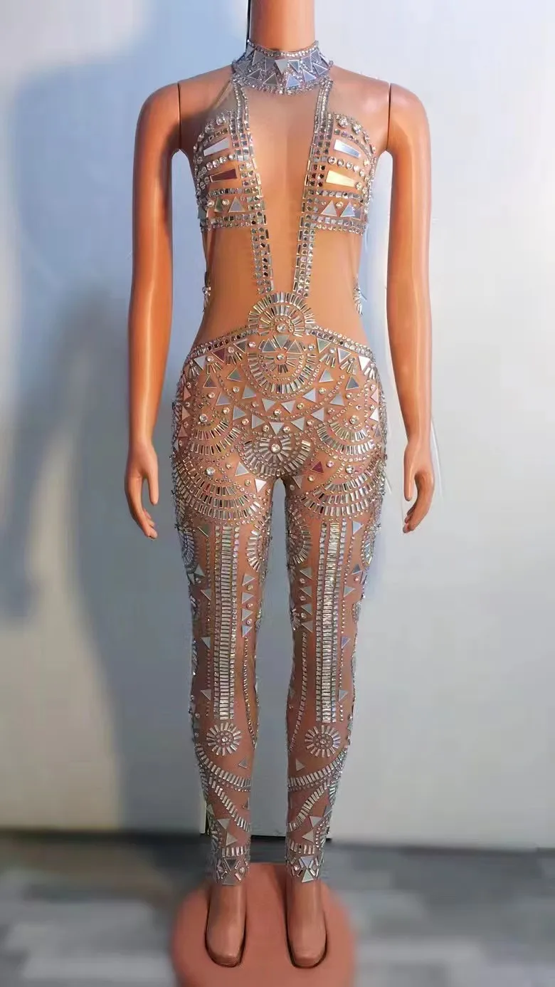 Sexy Stage Sparkly Rhinestones Mirrors Mesh Transparent Jumpsuit Birthday Party Outfit Dancer Show Rompers Photo Shoot Dress