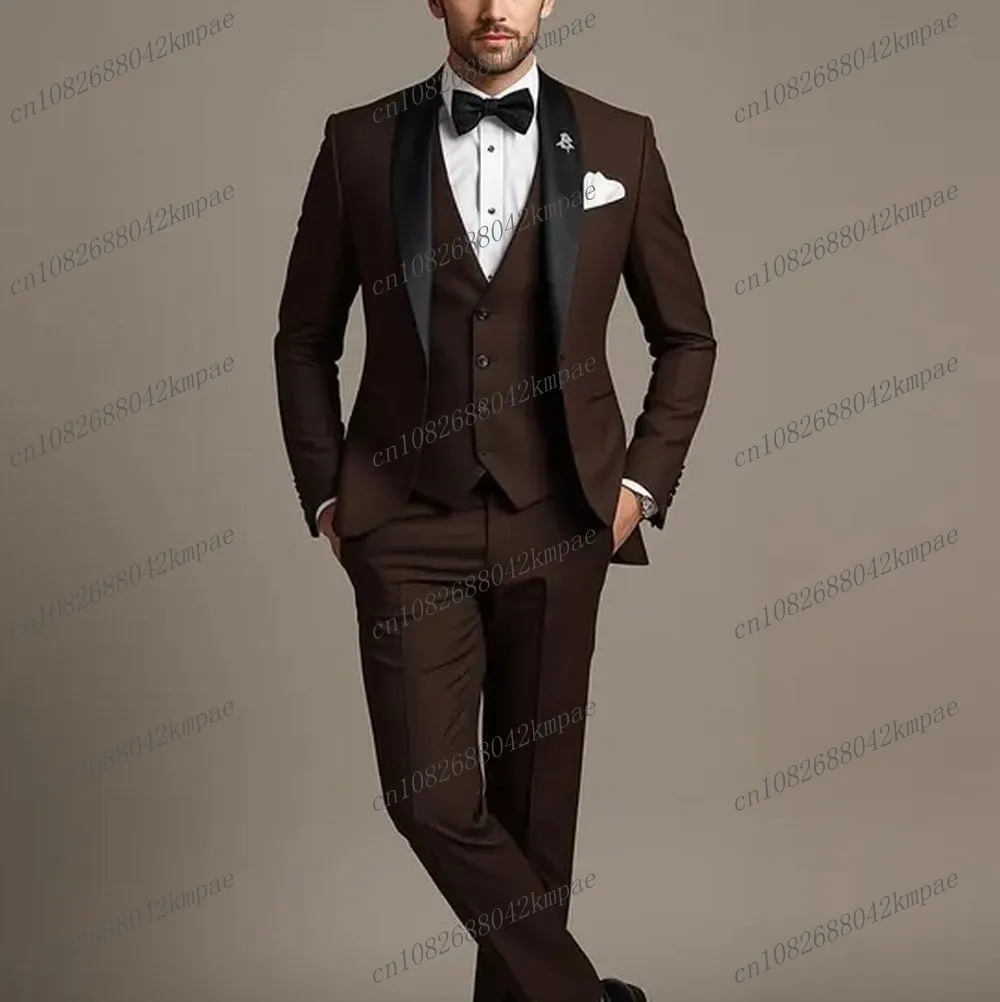 

Black Collar Dark Brown Formal Men Suit Groom Groomsman Wedding Party Prom Business Male Tuxedos 3 Piece Set Blazer Vest Pants