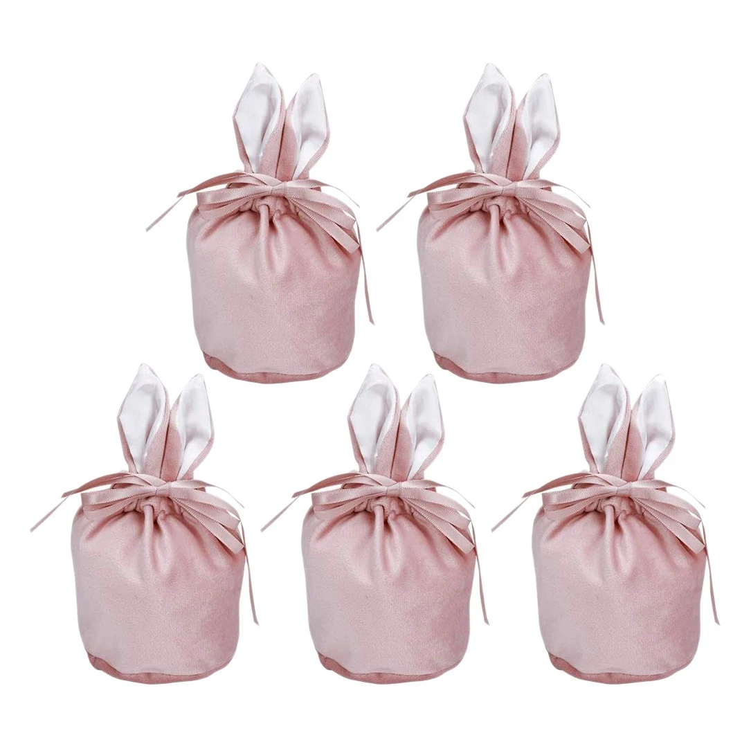 5 Pcs Candy Gift Bags Bunny Ear, Rabbit Snack Party Bags for Easter Party Handbag Storage Mothers Day Presents (Pink)