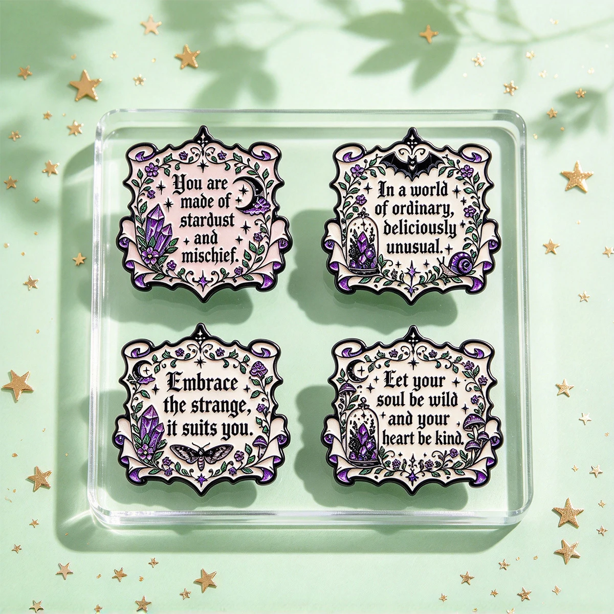 4pcs/Set Gothic Floral Quotes Enamel Pin Purple Witch Moth Bat Brooch Pin For Clothes Backpack Fantasy Lapel Badge Friends Gifts