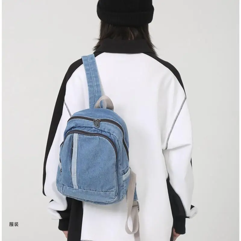 D0UD Portable Leisure Blue Jean Backpack Daypack Schoolbag Double Shoulder Rucksack Surprise Gift for Girlfriend