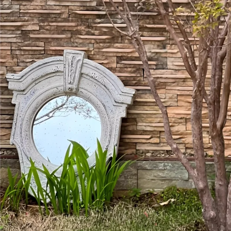 Vintage Retro Wall Mirror: Thick and Textured Magnesium Oxide Frame - Weatherproof for Outdoor Use - Intricate Distressed Finish