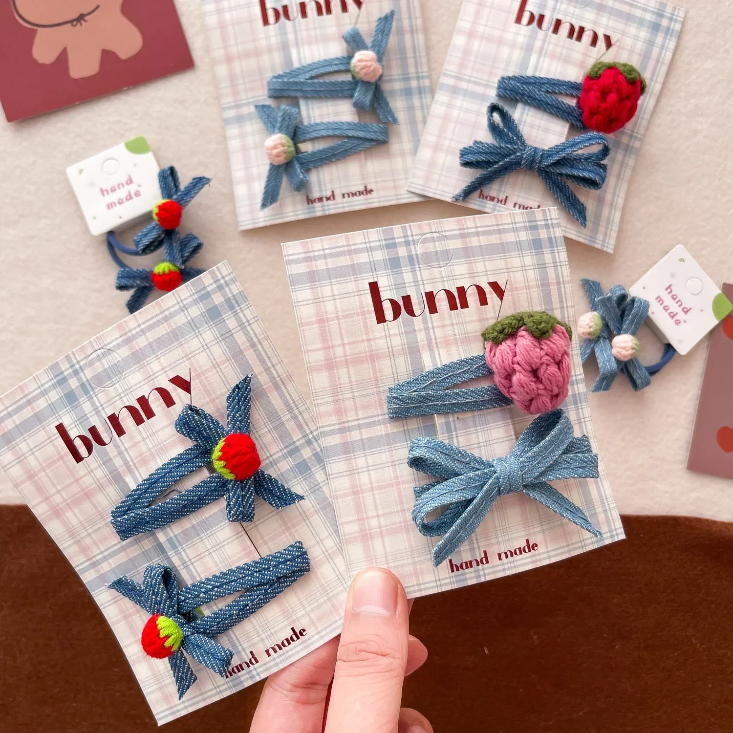 2pcs Korean Denim Fabric Bow Hair Clips Children Wool Strawberry Elastic Hair Bands Ties Headwear Girls Kids Hair Accessories