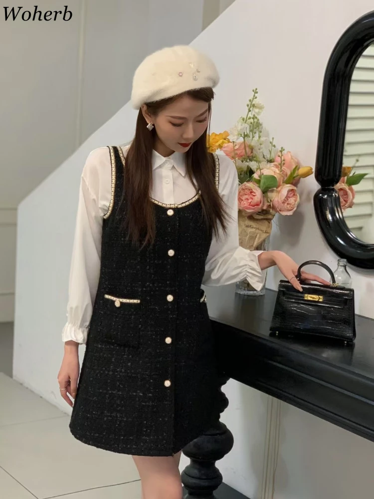 Korean Two Piece Sets 2024 Women Clothing Flare Sleeve Solid Blouses Patchwork Sling Vest Dress Outfits Temperament Shirts Suit