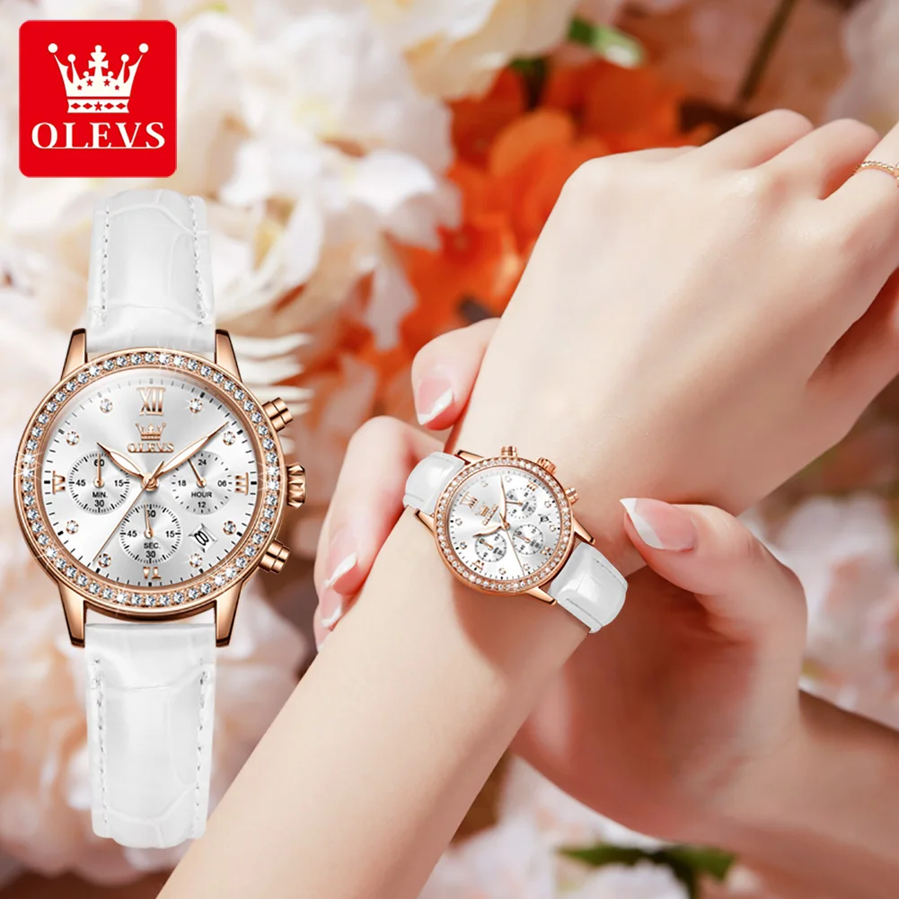 OLEVS 9933 Diamond Quartz Watch for Women Chronograph Waterproof Auto Date Wrist Clock Elegant Luxury Leather Strap Ladies Watch