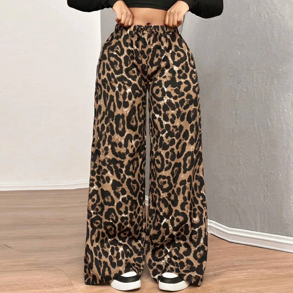 

BKLD 2025 Autumn New Loose Casual Printed Strap Leopard Printed Pants Women Clothing Elastic Waist Straight Trousers Streetwear
