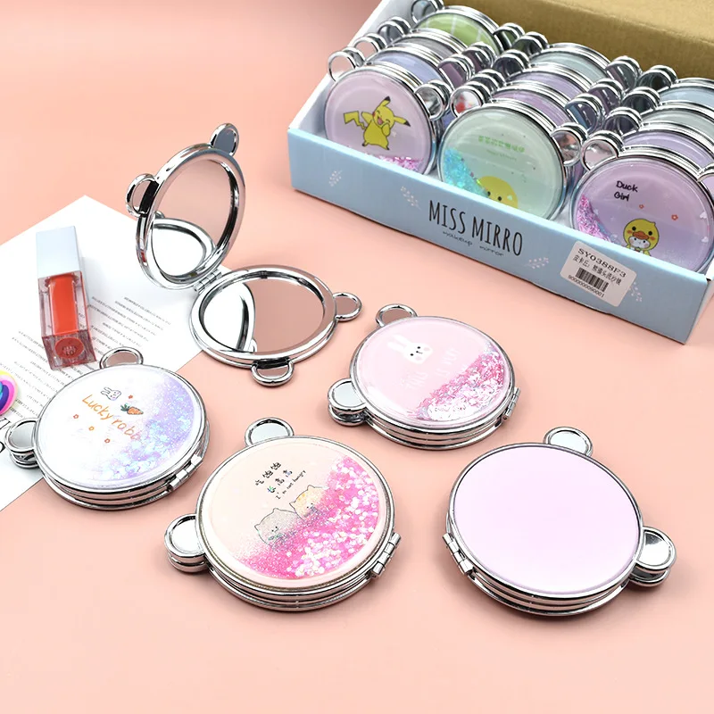 2-face Makeup Mirror Portable Quicksand Sequins Cartoon Cute Girl's Gift Hand Mirror Pocket Double-sided Makeup Mirror Compact