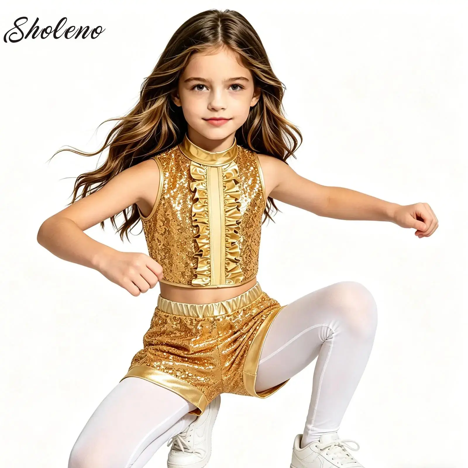 

Kids Girls Jazz Dance Outfit Hip Hop Street Performance Outfits Sequins Crop Top+Skirt/Shorts Set for Training Competition