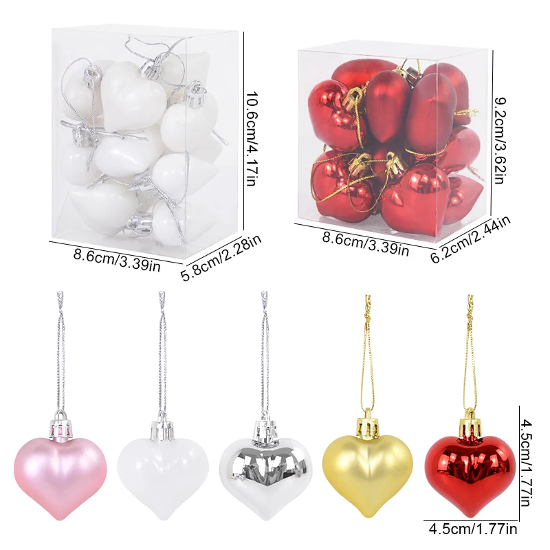 12pcs/box Christmas Pendant Plastic Heart-shaped Ornament Christmas Tree Ornaments DIY Home Decor Supplies New Year Party Gifts